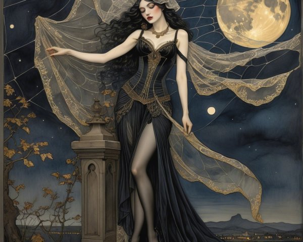Elegant figure in dark gown under moonlit sky