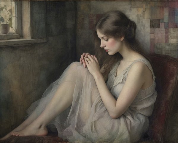 Melancholy Young Woman in Red Velvet Armchair