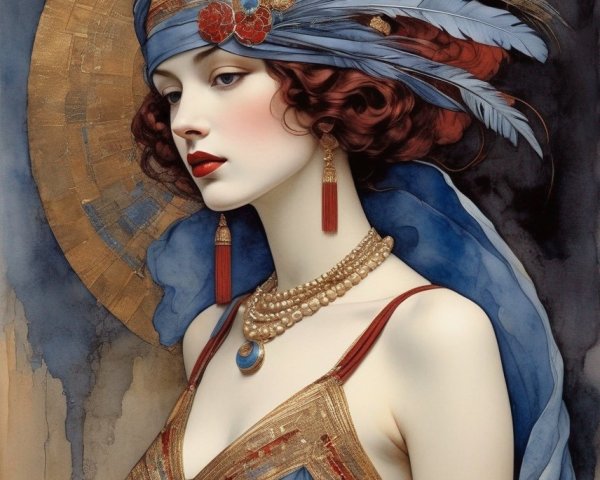 Illustration of a woman with halo and ornate headpiece