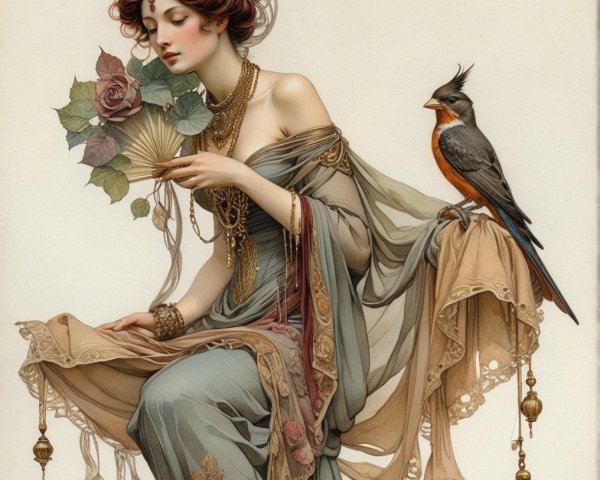 Elegant Woman in Flowing Garments with Bird and Roses