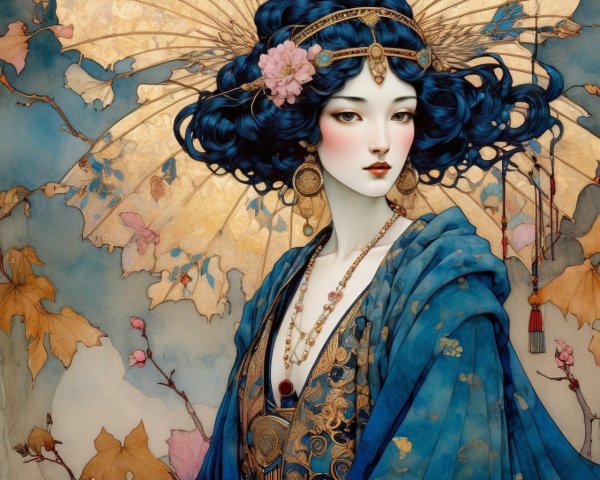 Illustration of a Woman with Blue Hair and Gold Accents