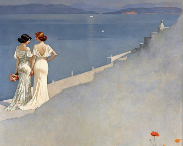 Elegantly Dressed Women Overlooking Serene Seascape