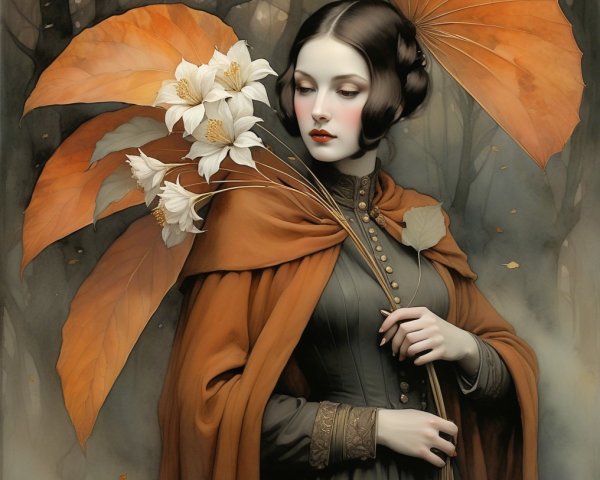 Woman in Elegant Dress with Flowers in Misty Forest