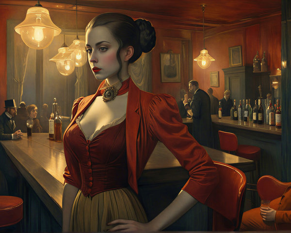 Vintage Bar Scene with Woman in Red Jacket