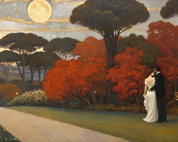 Romantic Moonlit Scene with Autumn Foliage and Hills