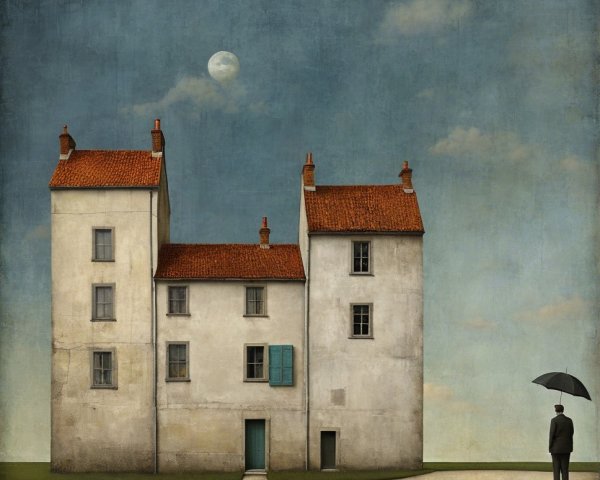 Surreal Landscape with White Houses and Figure in Suit
