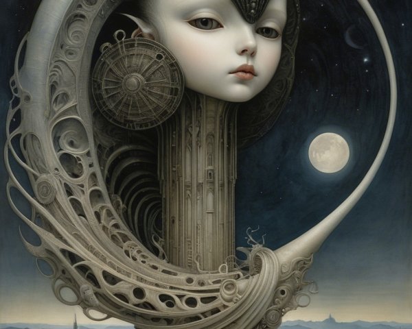 Ethereal Figure in Surreal Cityscape at Night