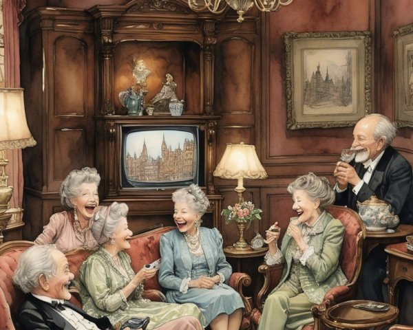 Elderly Friends Gather in Cozy, Elegant Sitting Room