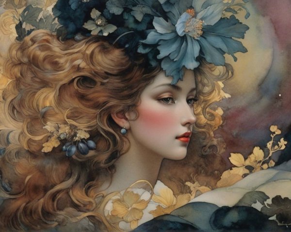 Artwork of a Woman with Flowers in Pastel Colors