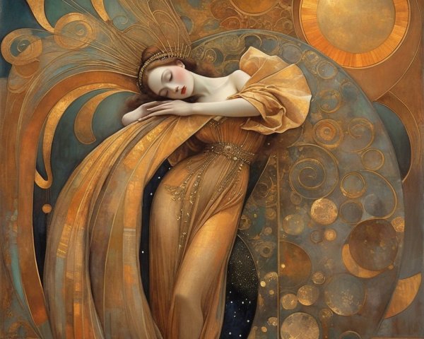 Serene Woman in Elegant Gown with Celestial Motifs