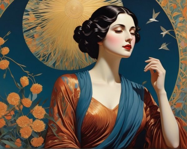 Graceful Woman in Blue and Orange Gown with Sun Rays