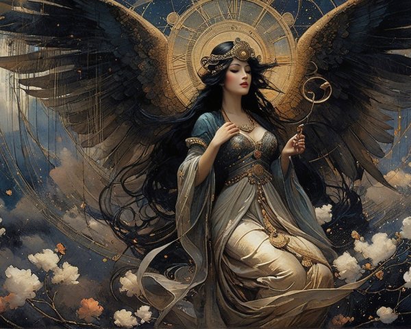 Majestic figure with wings in celestial setting