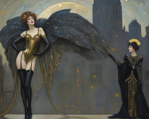 Art Deco Scene with Elegant Figures and Cityscape