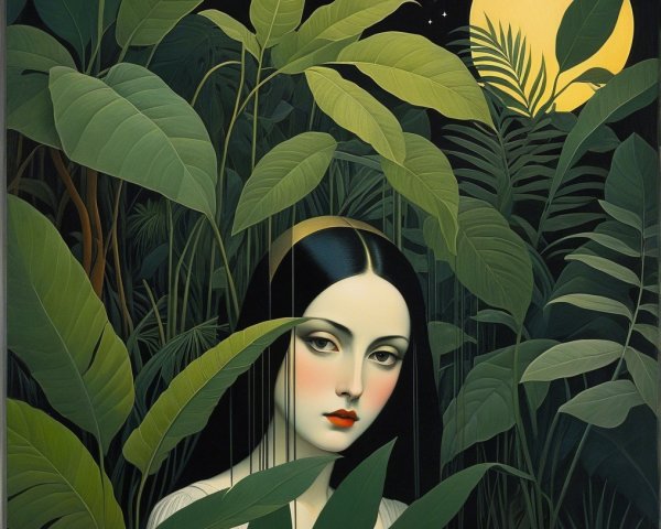 Serene Woman in Moonlit Greenery at Night