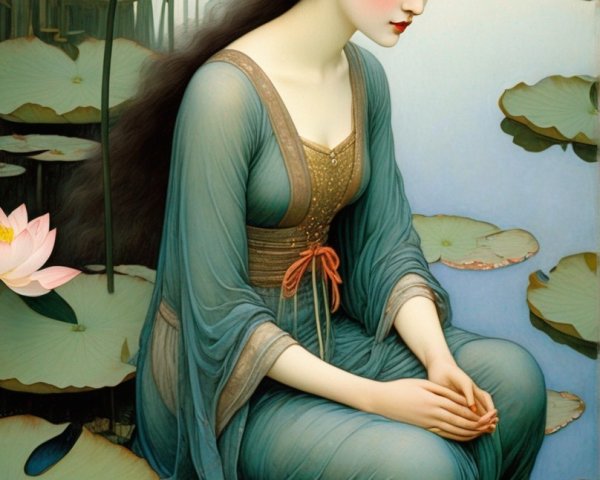 Serene Woman in Traditional Attire by Lotus Pond