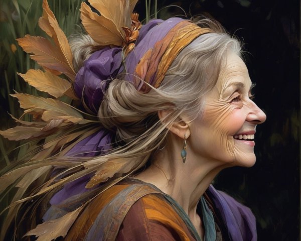 Elderly Woman in Colorful Attire Surrounded by Nature