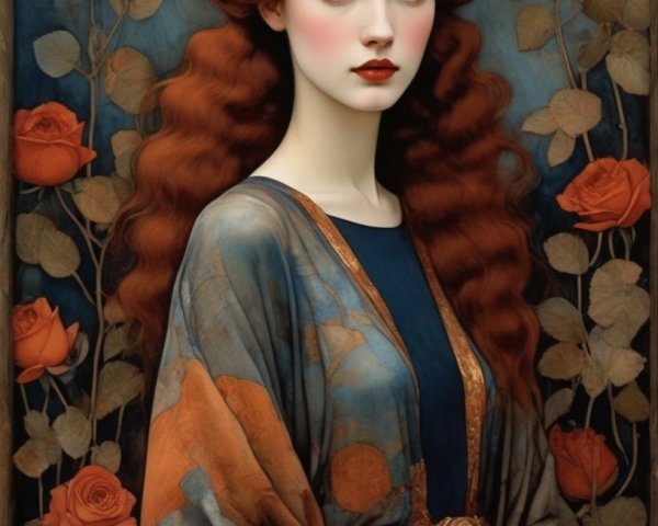 Painting of a woman with red hair and orange roses