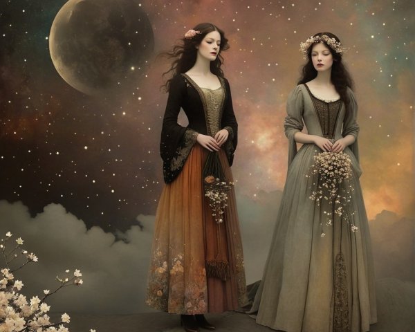 Ethereal Landscape with Two Women in Elegant Dresses