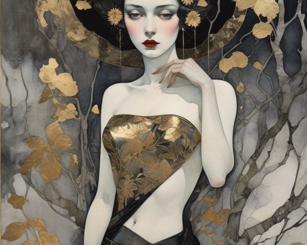 Illustration of a Woman in Gold and Black Gown