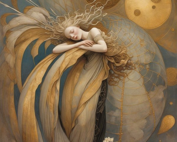 Serene figure in flowing garments amidst celestial patterns