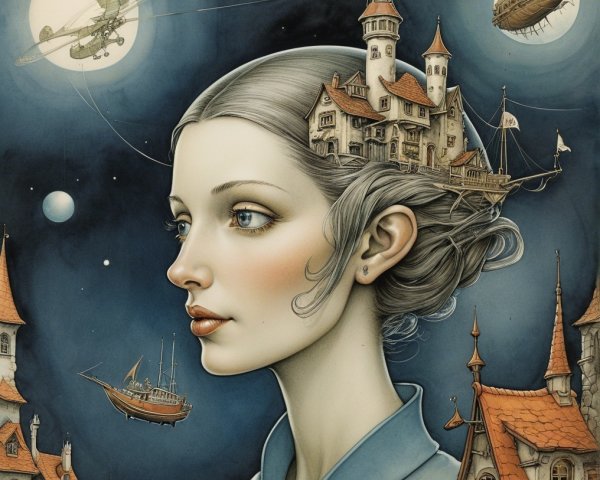 Woman with Whimsical Landscape and Two Moons