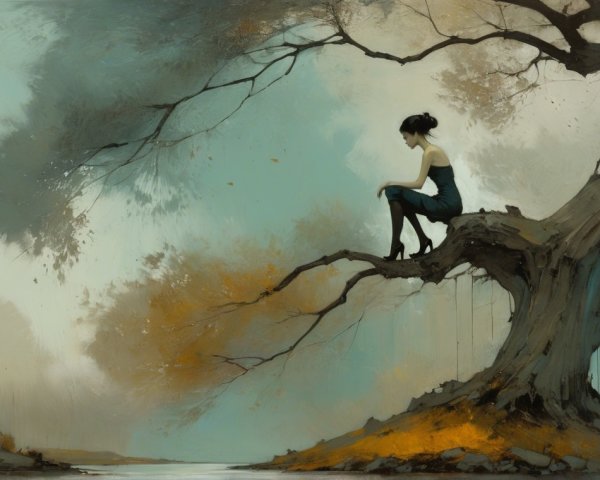 Serene landscape with a gnarled tree and a woman