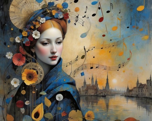 Portrait of a Woman with Flowers and Musical Notes