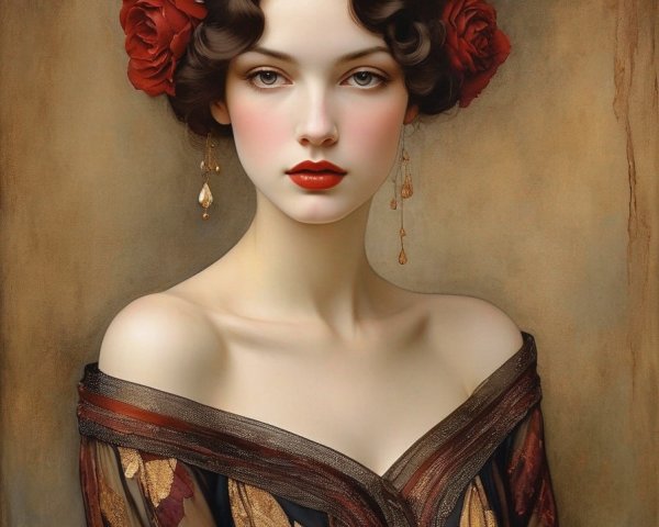 Woman portrait with red headband, white flowers, drop earrings, and brown shawl.
