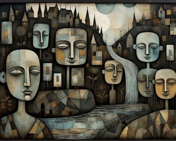 Stylized landscape with abstract figures and muted tones