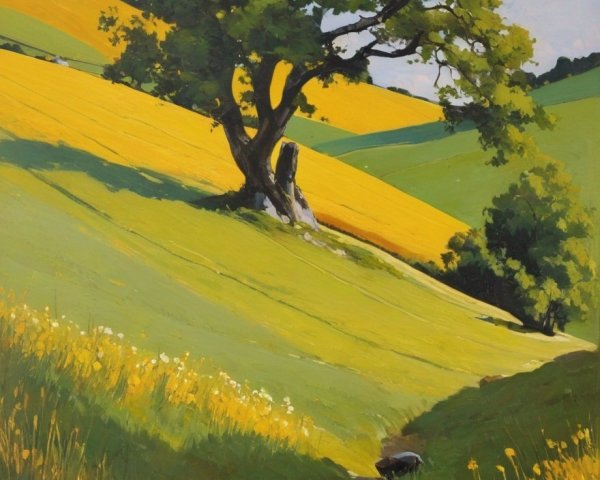 Serene Landscape with Tree, Fields, and Stream