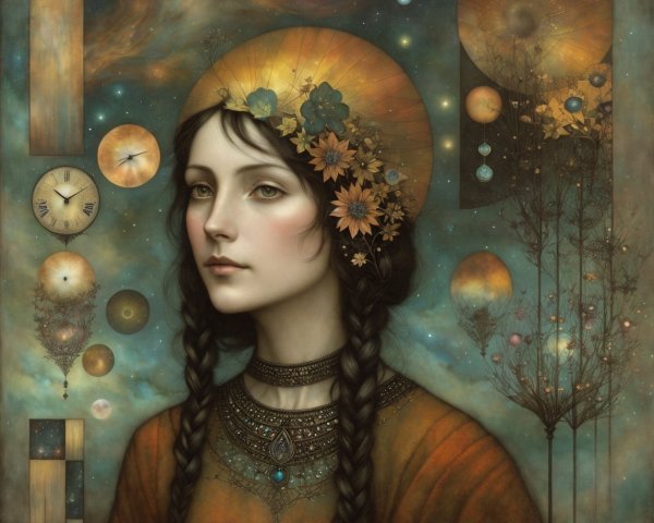 Serene Young Woman with Braided Hair in Cosmic Scene