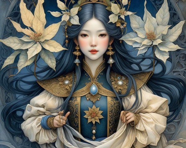 Serene figure in ornate blue and gold attire with flowers