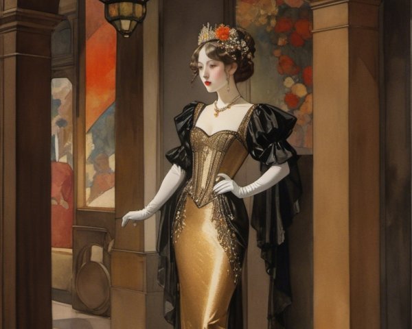 Sophisticated Woman in Elegant Gold and Black Gown