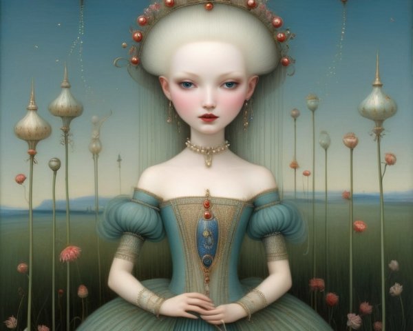 Pale woman in ornate gown with fantastical surroundings