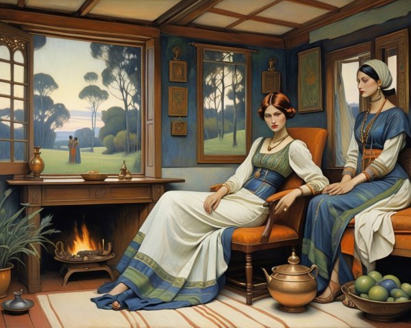 Elegant Room with Women and Serene Landscape