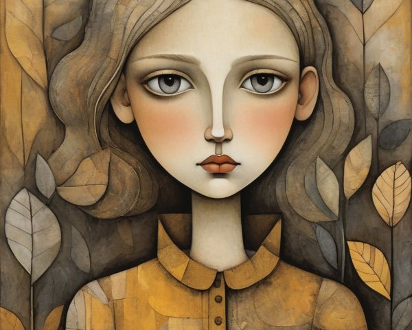 Illustrated portrait of a pale, wide-eyed girl in autumnal setting
