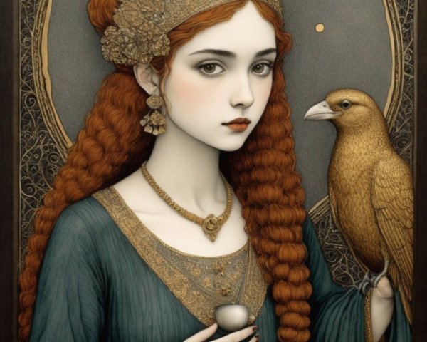 Painting of a pale red-haired woman with a bird
