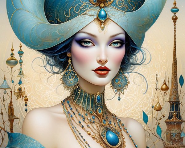 Blue-haired woman adorned with gold jewelry in front of golden architecture.