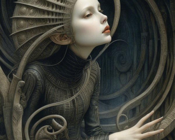 Surreal Ethereal Figure with Mechanical Backdrop