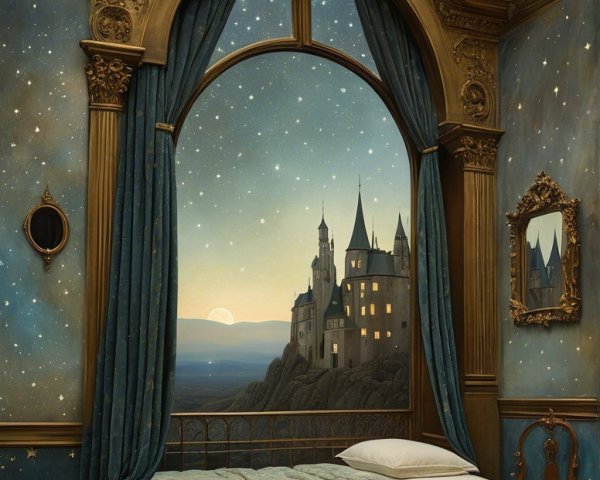 Cozy bedroom with moonlit castle view and starry decor