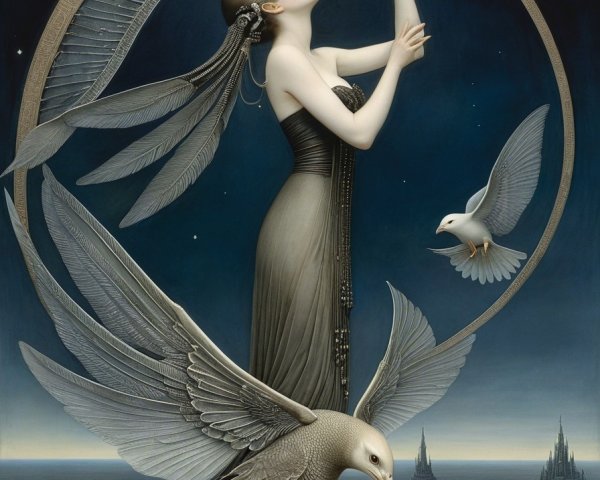 Dreamlike Scene with Figure, Feathers, and Birds