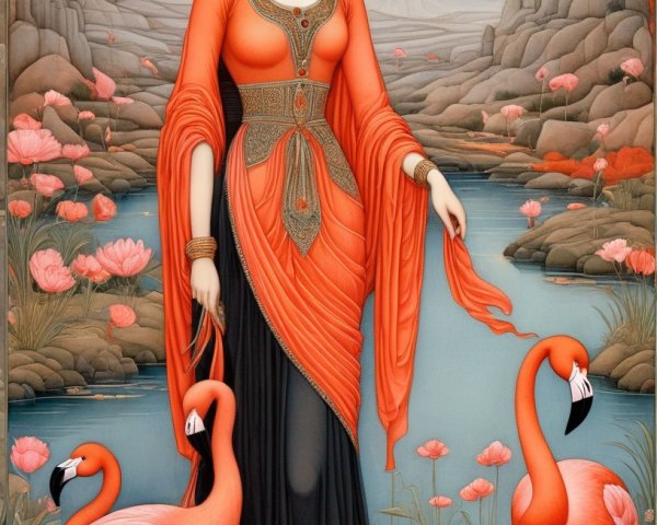 Woman in Orange and Black Dress by Water Lilies and Flamingos