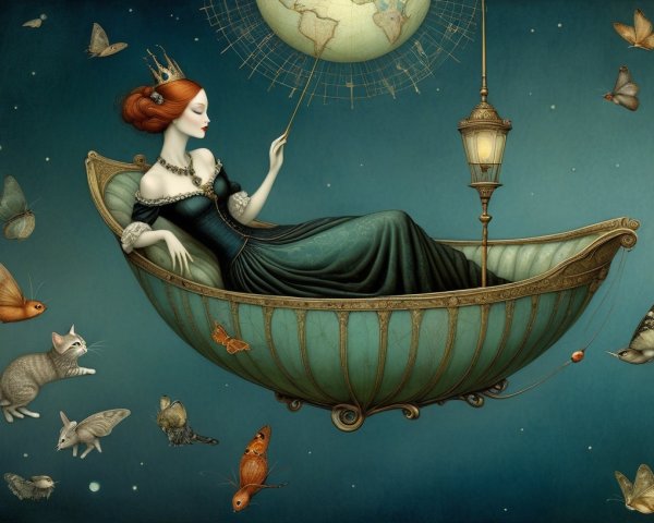 Serene figure in ornate boat with butterflies and stars