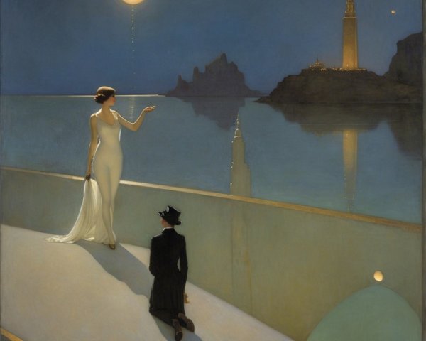 Serene Nighttime Scene with Woman on Balcony