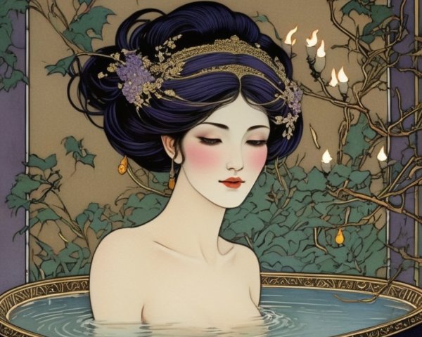 Woman with jeweled updo in water-filled basin