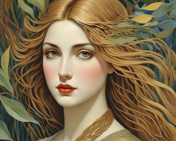 Young Woman in Harmony with Lush Green Leaves