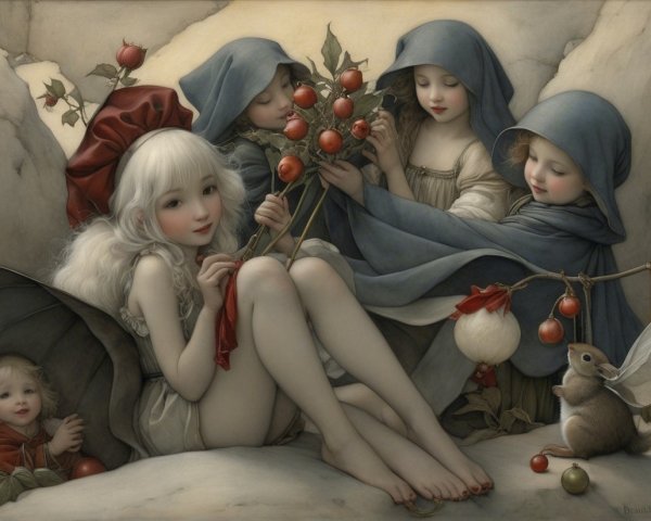 Whimsical Scene of Girls in Pastel Dresses Picking Berries