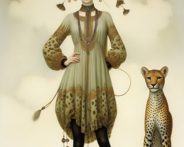 Stylized woman with whip, green leopard-spotted dress, large leopard, cub, flowers