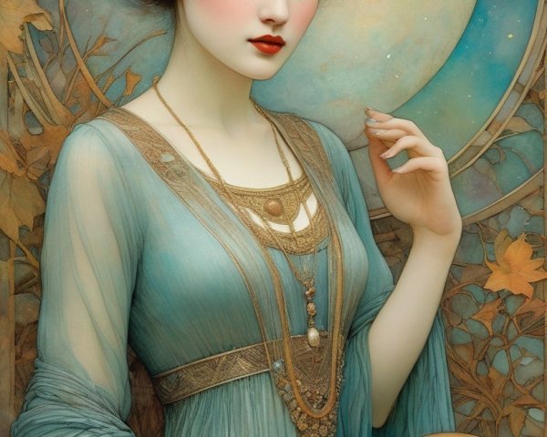 Ethereal woman in blue dress with golden orb and autumn backdrop