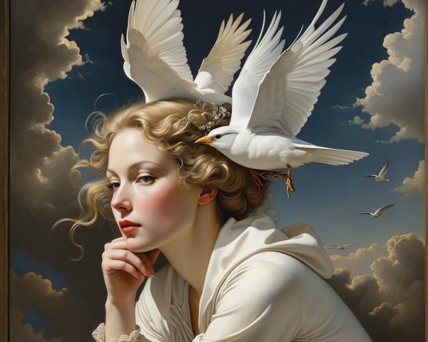 Serene Young Woman with Birds and Flowers in Sky
